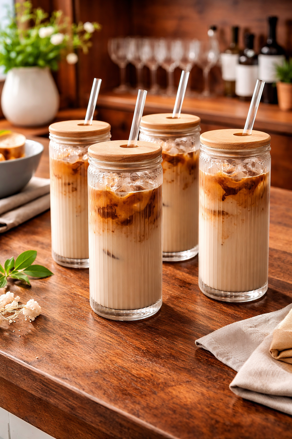 Ribbed Glass Tumbler with Bamboo Lid & Straw – Set of 4