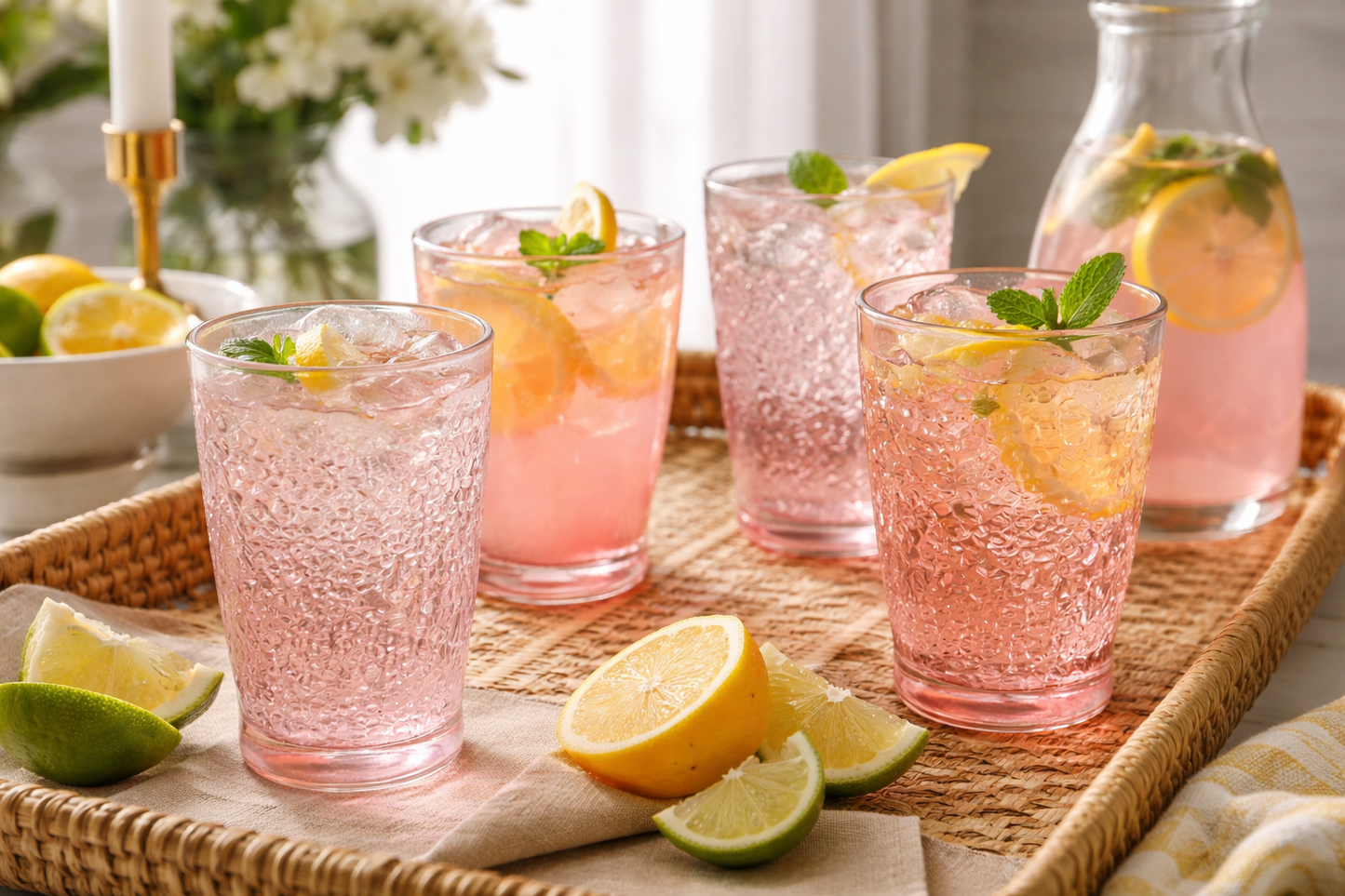 Decorative Pink Drinking Glass Set – Embossed Glassware (Set of 4)