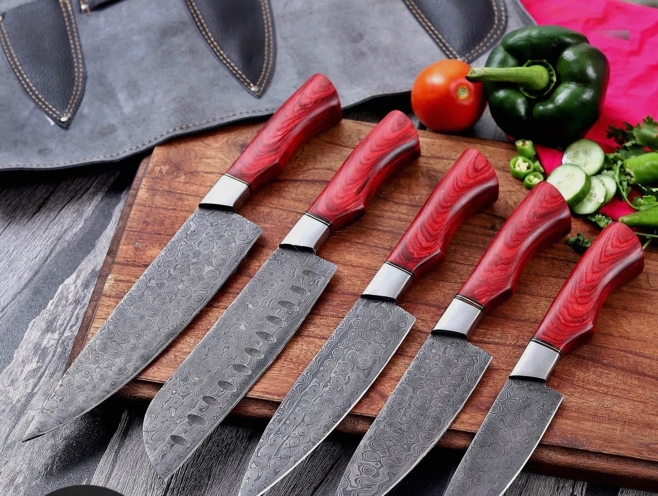 Custom Handmade 5 Pcs Damascus Steel Knife Set – Redwood Series
