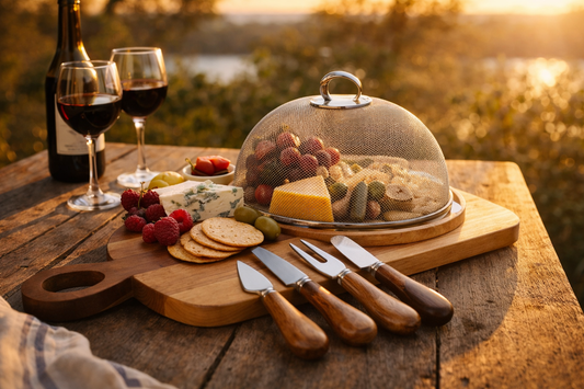 Acacia Wood Cheese Board & Knife Set with Mesh Dome – 5 Piece Entertainer Set