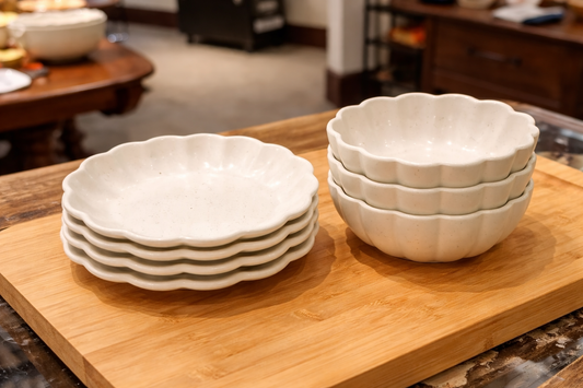 Outdoor Dinnerware Set – Durable Unbreakable Melamine Scalloped Plates & Bowls (4 Piece Set)