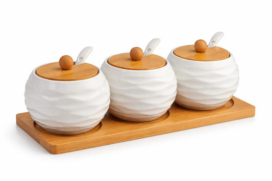 3-Piece Ceramic Condiment Jar Set with Bamboo Tray & Lids