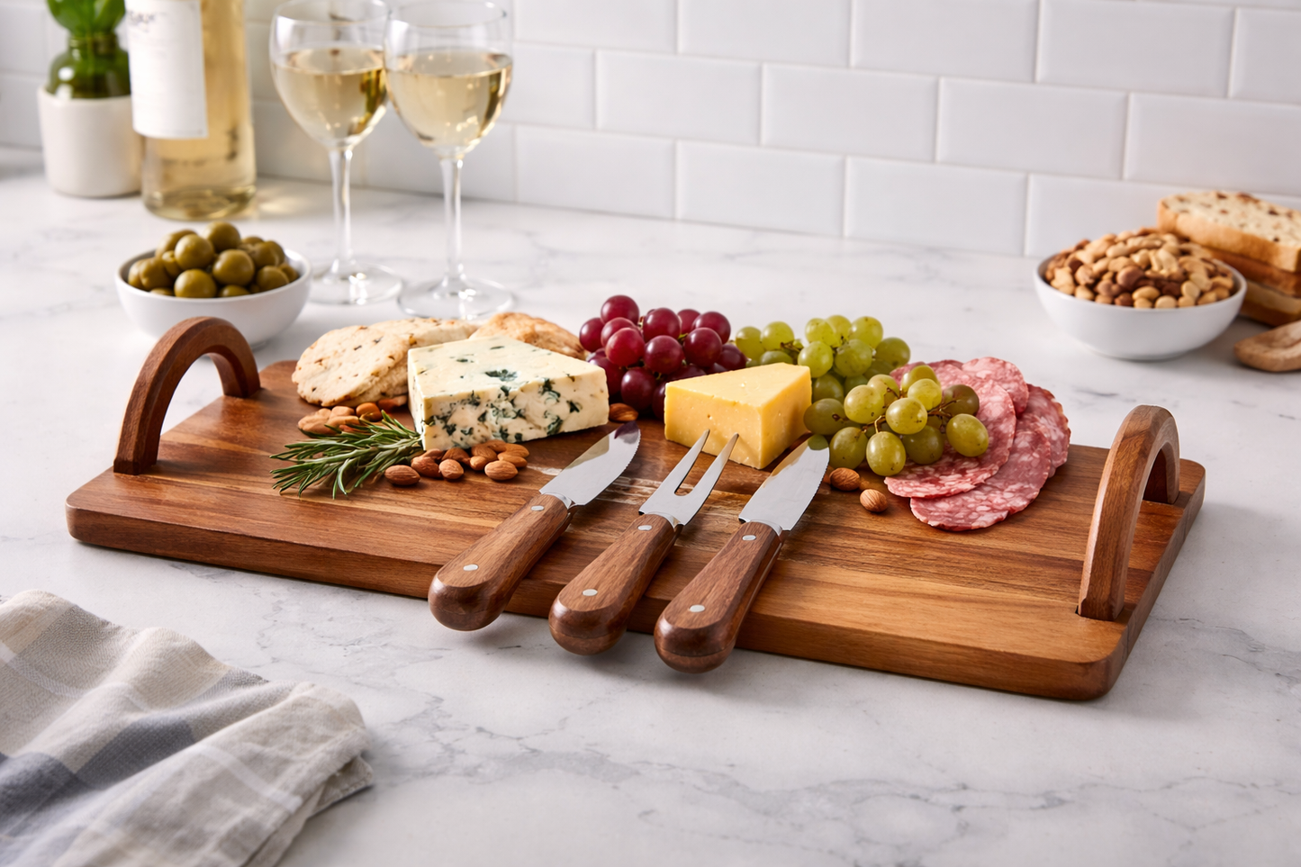 Acacia Wood Serving Board with Handles & Cheese Knife Set – 4 Piece Set