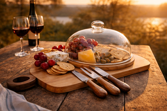 Acacia Wood Serving Board & Knife Set with Glass Dome – 5 Piece Entertainer Set