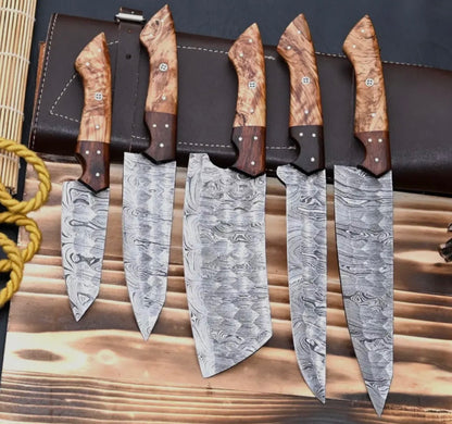 Custom Handmade 5 Pcs Damascus Steel Kitchen Knife Set W Bag
