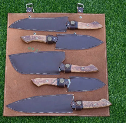 Custom Handmade 5 Pcs Damascus Steel Kitchen Knife Set W Bag