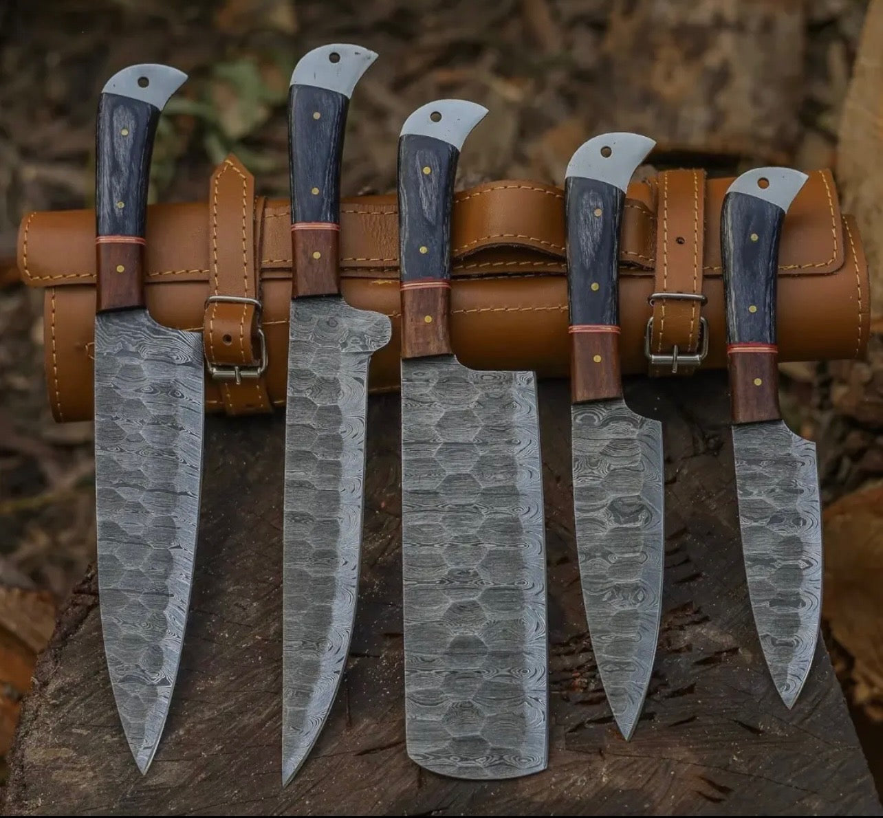 Custom Handmade Damascus Steel Kitchen Chef Knife Set w/ Bag