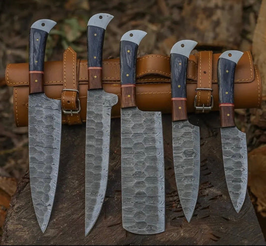 Custom Handmade Damascus Steel Kitchen Chef Knife Set w/ Bag