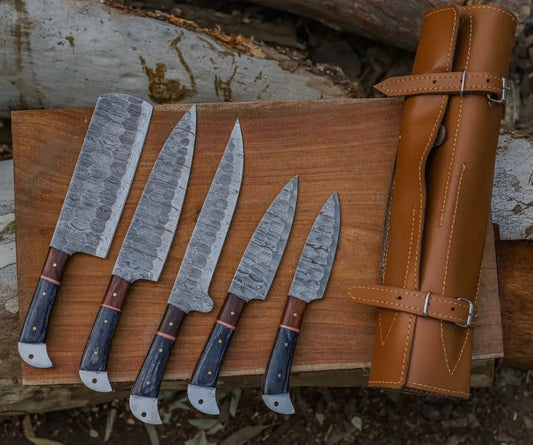Custom Handmade Damascus Steel Kitchen Chef Knife Set w/ Bag