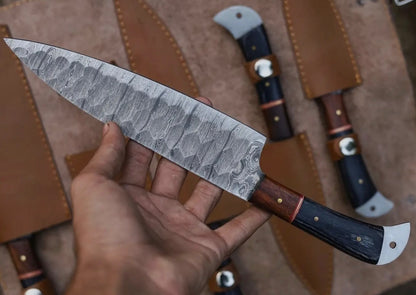Custom Handmade Damascus Steel Kitchen Chef Knife Set w/ Bag