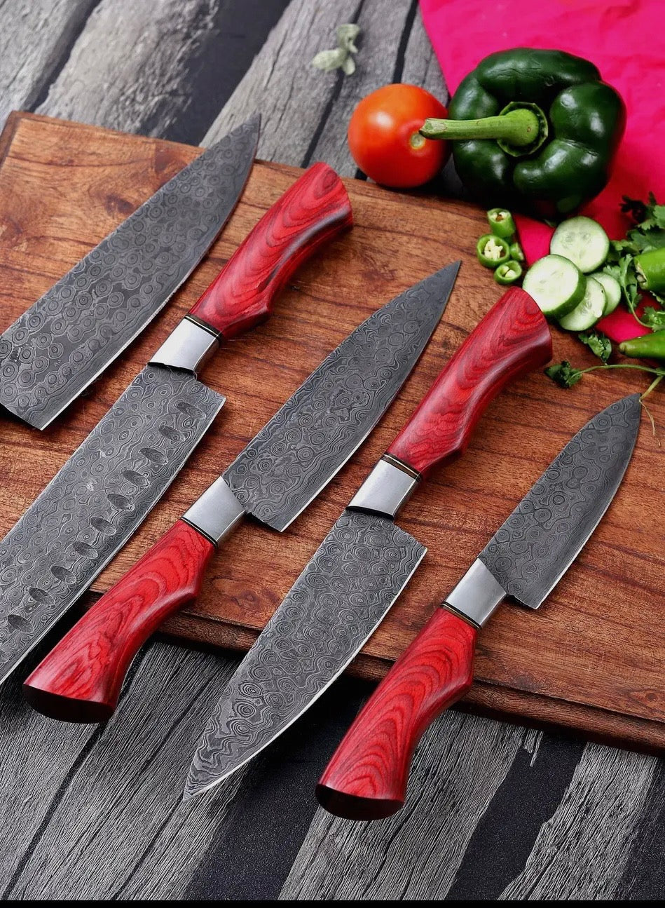 Custom Handmade 5 Pcs Damascus Steel Knife Set – Redwood Series