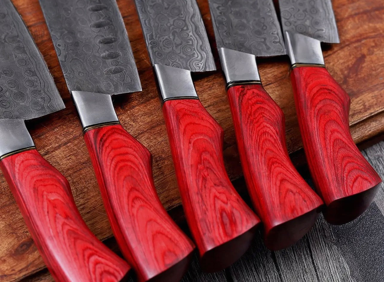 Custom Handmade 5 Pcs Damascus Steel Knife Set – Redwood Series