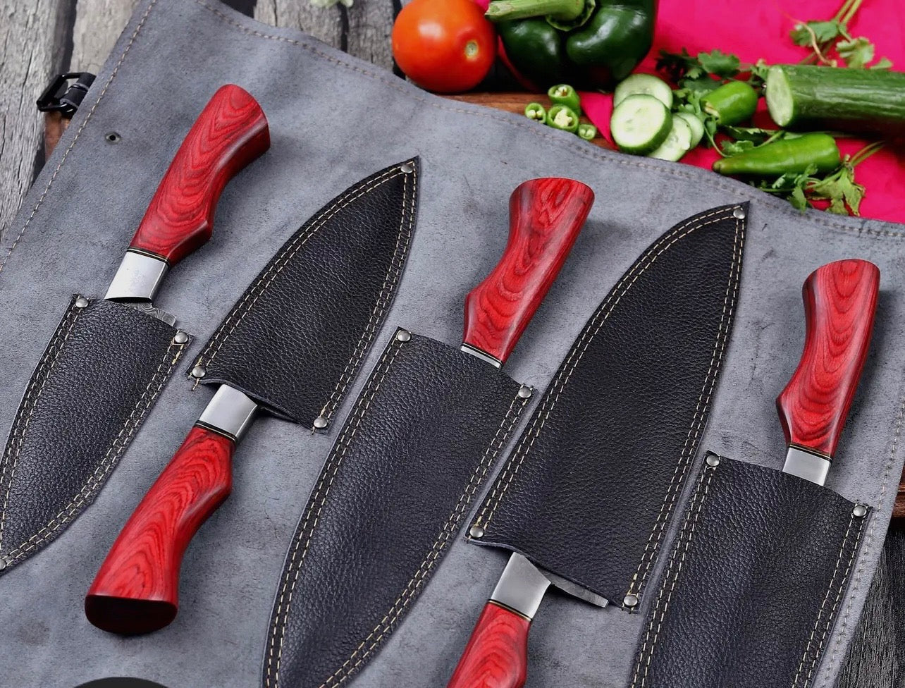 Custom Handmade 5 Pcs Damascus Steel Knife Set – Redwood Series