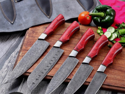 Custom Handmade 5 Pcs Damascus Steel Knife Set – Redwood Series