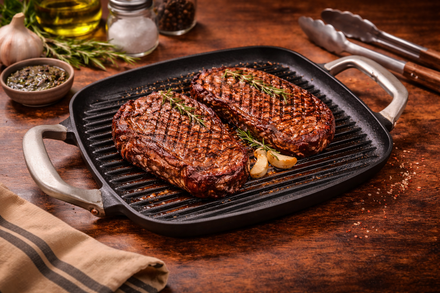Cast Iron Steak & Panini Grill Pan – Pre-Seasoned Double Handle Grill
