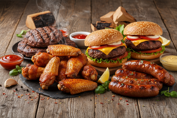 Easy Feasts – Chicken Wings, Hamburgers, and two great Sausages (Italian & Honey Garlic)